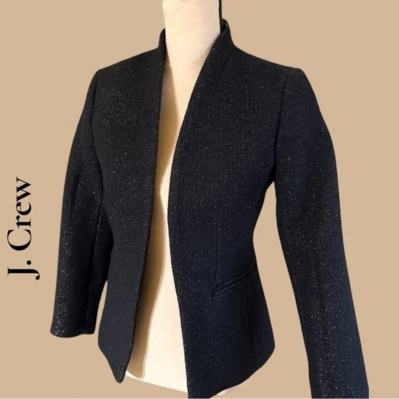 J. Crew Black Sparkle Wool Open-Front Blazer. Pockets/Lined. Size 0. New w/tags!